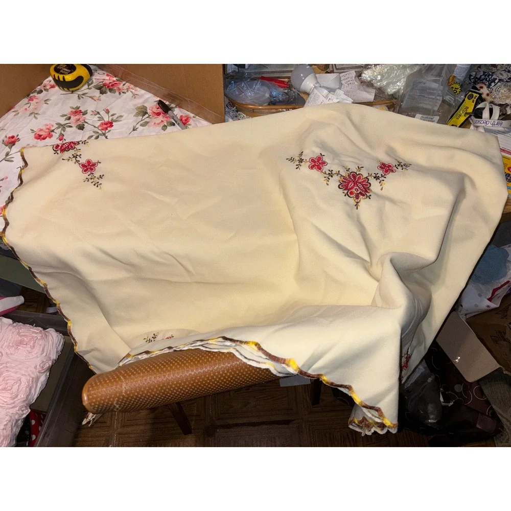 Vintage Cream Square Tablecloth Red Gold Floral Embroidery Scalloped Edge Decor